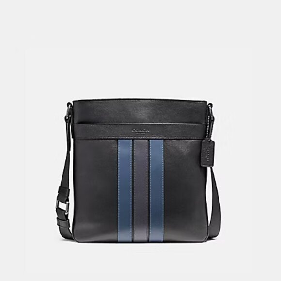 COACH Charles Crossbody Bag Varsity Black Leather Denim & Midnight Navy Stripe - Picture 1 of 15
